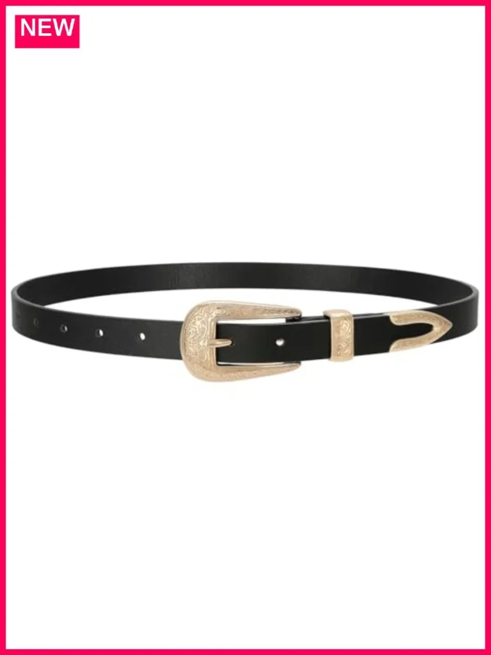Western Skinny Vegan Leather Belt with Carved Buckle for Jeans Dresses